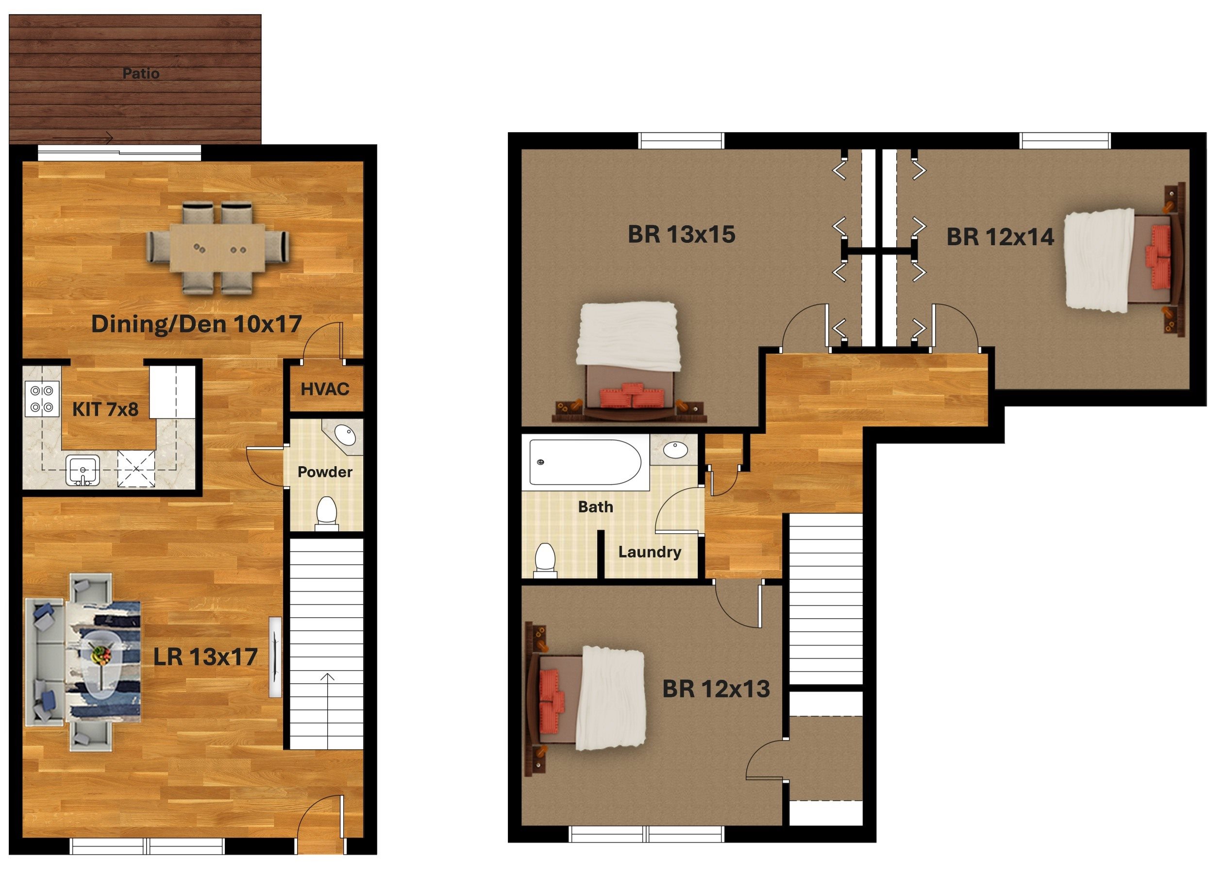 Three Bedroom 1.5 Bath Townhouse floor plan
